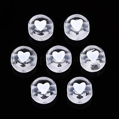 無色透明アクリルビーズ  白いハートのフラットラウンド  7x4mm  穴：1.8mm  約360~370個/50g&nbsp;X-TACR-T008-03
