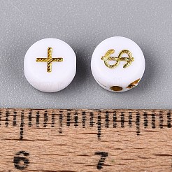 不透明なアクリルビーズ  金色の金属製ビーズ  シンボル模様とフラットラウンド  ゴールド  7x3.5mm  穴：1.5mm  約3333個/500g&nbsp;SACR-Q001-10A