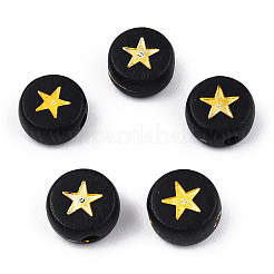 不透明なアクリルビーズ  スターとフラットラウンド  ブラック  黄金メッキ  7x4mm  穴：1.5mm&nbsp;X-PACR-N006-006A-02A