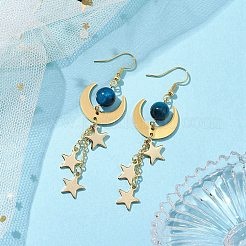 真鍮のダングルのピアス  天然タイガーアイと304ステンレススチールのチャーム付き  月＆星  ゴールドカラー  74.5x19.5mm&nbsp;EJEW-TA00479