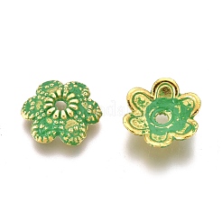チベット風合金ビーズキャップ  鉛フリー＆カドミウムフリー  6  - 花びらの花  グリーン  ゴールドカラー  10x9x2mm  穴：1.4mm&nbsp;PALLOY-M186-03G-RS