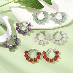 Natural & Synthetic Mixed Gemstone Round Beaded Hoop Earrings&nbsp;EJEW-JE05412