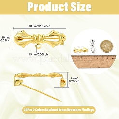 20個 2色 蝶結び 真鍮 ブローチ 金具  プラチナ·ゴールデン  28.5x10x7mm  穴：1.5mm  ピン：0.8mm  10個/カラー&nbsp;KK-CJ0005-60