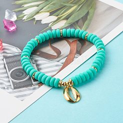 女性のために設定されたシェル形状のキュービックジルコニアチャームストレッチブレスレット  天然溶岩とポリマー粘土と天然アマゾナイトビーズブレスレット  ゴールドカラー  内径：2-5/8~3-1/8インチ（6.6~7.8cm）  4個/セット&nbsp;BJEW-JB06850-04