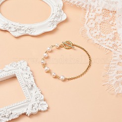 女性用 304 ステンレススチール ローロチェーン付き天然パールビーズ リンク ブレスレット  ホワイト  リンク：13x6.5x6mm  7-5/8インチ（19.5cm）&nbsp;BJEW-JB08776-01