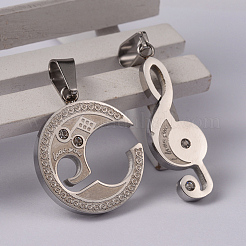 音符 ト音記号 304 ステンレス ラインストーン スプリット ペンダント  ステンレス鋼色  39x28x3mm  穴：5x9mm&nbsp;STAS-I060-04C