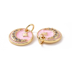 Flat Round with Moon & Star Brass Micro Pave Clear Cubic Zirconia Charms&nbsp;LS-KK-G435-41G