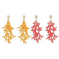 Star with Coral Handmade Glass Seed Beads Tassel Stud Earrings&nbsp;EJEW-MZ00472