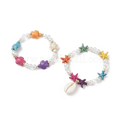 2Pcs 2 Style Starfish & Tortoise Synthetic Turquoise(Dyed) & Glass Pearl Beaded Stretch Bracelets Set&nbsp;BJEW-JB08994