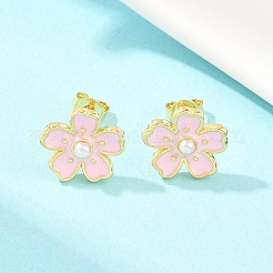 花真鍮エナメルスタッドのピアス  ABSの模造パールと  長持ちメッキ  鉛フリー＆カドミウムフリー  18KGP本金メッキ  ピンク  12.5x12mm&nbsp;EJEW-T051-08A