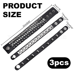 パンクスタイルのイミテーションレザーコードブレスレット3個  リベットブレスレット  ブラック  15~29mm  8-5/8インチ（22cm）&nbsp;BJEW-WH0014-076B