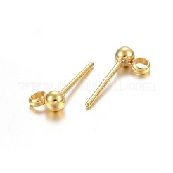 304ステンレススチールボールスタッドピアス金具  カン付き  ラウンド  24KGP本金メッキ  14x5x3mm  穴：1.5mm  ピン：0.8mm&nbsp;STAS-P210-54G