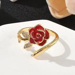フラワーブラスマイクロパヴェキュービックジルコニアカフリング  女性用エナメル入り  カドミウムフリー＆鉛フリー  ラックめっき  18KGP本金メッキ  ファイヤーブリック  11mm  内径：18mm&nbsp;RJEW-A069-02B-02G