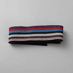 50ヤードのレインボーストライプポリエステルメタリックワイドゴムバンド  フラット  衣類用アクセサリー  ブラック  1-5/8インチ（40mm）&nbsp;EC-WH0036-01A
