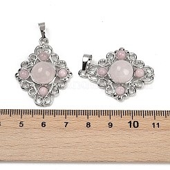 天然石ローズクォーツペンダント  真鍮製の金具が付いた菱形のチャーム  ラックめっき  プラチナ  35.5x27x7.5mm  穴：8.5x4.5mm&nbsp;G-Z077-01P-12