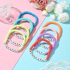 8個 8色ポリマー粘土ビーズストレッチブレスレット  女性用曜日ブレスレット  ミックスカラー  内径：2-1/8インチ（5.3cm）  1pc /カラー&nbsp;BJEW-SW00146