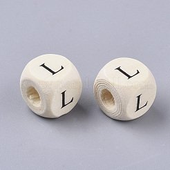プリント天然木ビーズ  水平穴  頭文字を持つキューブ  パパイヤホイップ  文字l  10x10x10mm  穴：3.5mm  約950~1000個/500g&nbsp;WOOD-T026-001L
