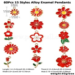 60個15スタイルアロイエナメルペンダント  ラインストーン付き  花のチャーム  ゴールドカラー  レッド  14~24.5x9~20x1.2~6mm  穴：1.5~2mm  4個/スタイル&nbsp;ENAM-CJ0006-46