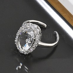 女性用真鍮マイクロパヴェキュービックジルコニアカフオープンリング  オーバル  ガラスと  長持ちメッキ  ラックめっき  プラチナ  透明  17mm&nbsp;RJEW-L343-17P-07