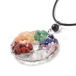 Natural Mixed Gemstone Chips Braided Tree of Life Pendant Necklaces&nbsp;NJEW-JN03886-02
