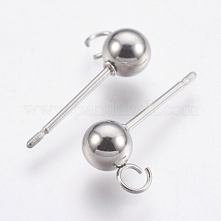 変色しない304ステンレススチールボールスタッドピアス金具  カン付き  ラウンド  ステンレス鋼色  17mm  穴：2mm  ピン：0.8mm&nbsp;STAS-P196-01