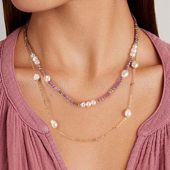 Natural Lepidolite & Pearl Beaded Double Layer Necklaces&nbsp;NJEW-G121-01G