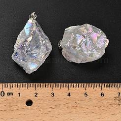 電気メッキされた天然水晶ペンダント  鉄製の金具が付いたナゲットチャーム  プラチナ  透明  31~42x18~35x8~33mm  穴：6.5x4.5mm&nbsp;G-Q481-20P-07