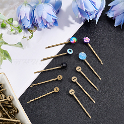 アイアン製ヘアピンパーツ  真鍮フラットラウンドトレイ付き  アンティークブロンズ  51.5x8mm  トレイ：8mm&nbsp;PHAR-AR0001-04