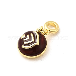 Brass Coconut Brown Enamel Flat Round with Heart European Dangle Charms&nbsp;KK-C113-05G