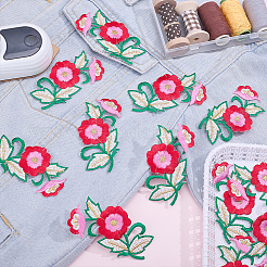 ポリエステルコットンコンピューター刺繍糸 アイロン接着 縫い付けパッチ 12個  布のアップリケ  花  レッド  90x50x1mm  2スタイル&nbsp;PATC-HY0002-09A