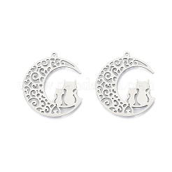 変色しない201ステンレススチールペンダント  猫とムーン  ステンレス鋼色  32.5x29x1.5mm  穴：1.5mm&nbsp;LS-STAS-N098-093P