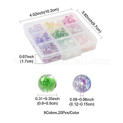180個9色の透明なスプレー塗装クラックルガラスビーズ  ラウンド  金色の箔付き  ミックスカラー  8~9mm  穴：1.2~1.5mm  20個/カラー&nbsp;GLAA-FS0002-44