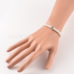 ラウンドガラスパールビーズストレッチブレスレット  チベットスタイルの合金チューブベイル付き  アンティークシルバー  ホワイト  48mm&nbsp;BJEW-JB02169-01