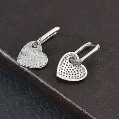 真鍮製マイクロパヴェキュービックジルコニアフープピアス（女性用）  ハート  ラックめっき  長持ちメッキ  鉛フリー＆カドミウムフリー  プラチナ  29x17mm&nbsp;EJEW-A167-14P