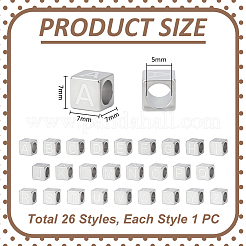 26個 26スタイル 304ステンレススチールヨーロピアンビーズ  大穴ビーズ  文字付きのキューブ  a～zの文字  7x7x7mm  穴：5mm  1個/スタイル&nbsp;STAS-UN0064-59