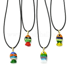 Handmade Lampwork Fish Pendant Black Waxed Cord Necklaces&nbsp;NJEW-JN06331