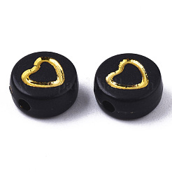 不透明なアクリルビーズ  ハート付きフラットラウンド  黄金メッキ  ブラック  7x3~4mm  穴：1.5mm  約3700個/500g&nbsp;PACR-N006-004
