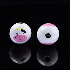 動物テーマのプリント木製ビーズ  ラウンド  牛の模様  15.5~16x15mm  穴：3.5mm&nbsp;WOOD-D006-01K