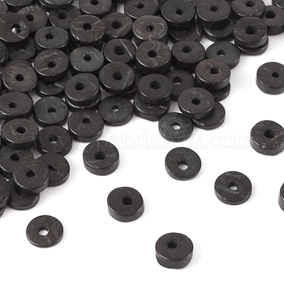 ココナッツビーズ  染め  ドーナツ  ブラック  9x2~5mm  穴：2mm  約100個/袋&nbsp;COCB-TA0001-02B-9mm-1