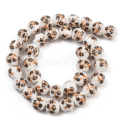 Handmade Flower Printed Porcelain Ceramic Beads Strands&nbsp;PORC-M007-10mm-04-1