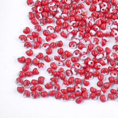 ガラスシードビーズ  フリンジティアドロップビーズ  不透明色  ツートン  ファイヤーブリック  3.5~4x2.5~6mm  穴：1mm  約4500個/袋&nbsp;SEED-R032-01-C02-1