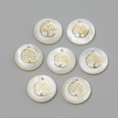 淡水シェルペンダント  フラットラウンド＆ツリー  ゴールドカラー  16x3.5~4mm  穴：1.2mm&nbsp;SHEL-Q010-011G-1