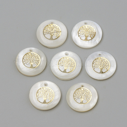 淡水シェルペンダント  フラットラウンド＆ツリー  ゴールドカラー  16x3.5~4mm  穴：1.2mm&nbsp;SHEL-Q010-011G-1