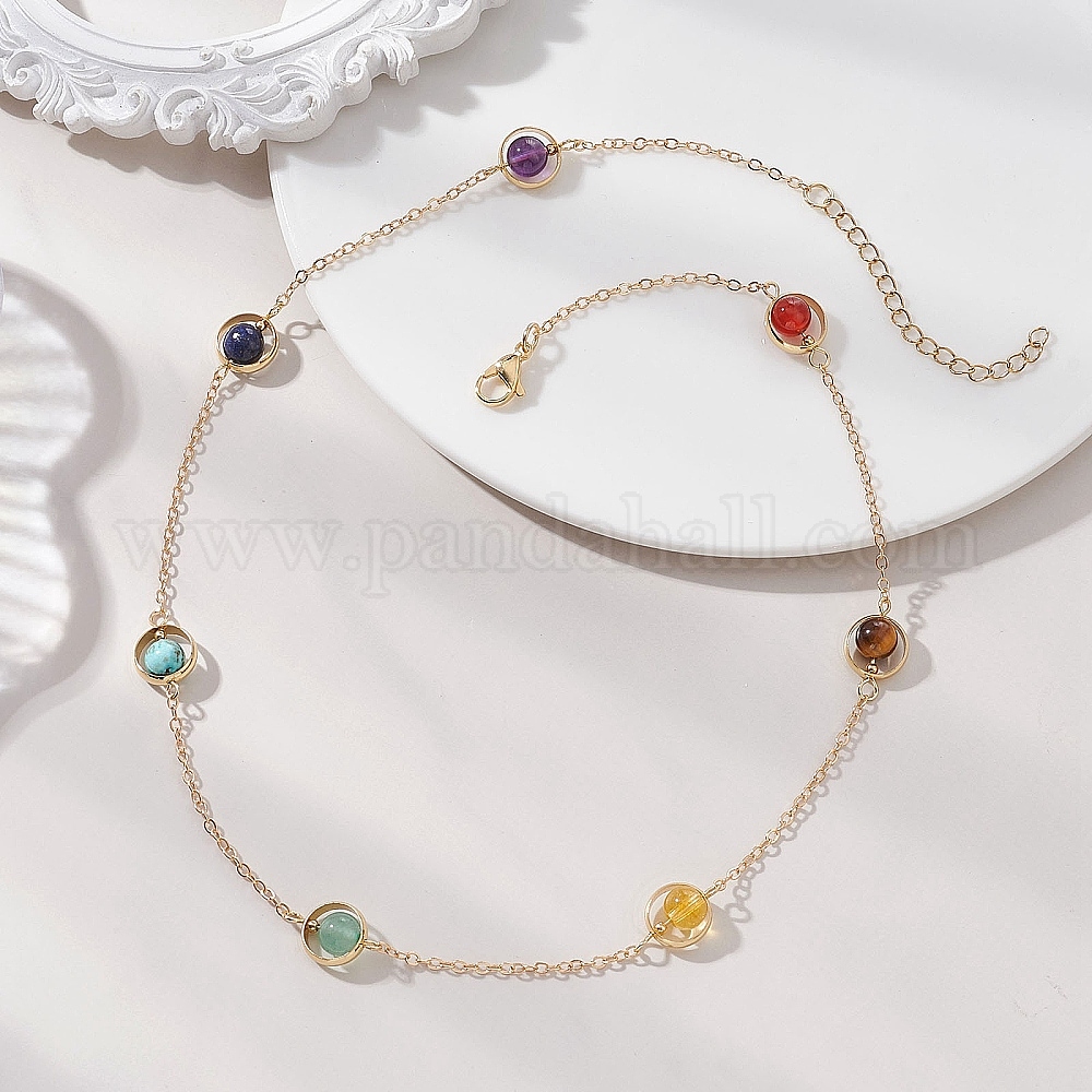 Wholesale 7 Chakra Natural Mixed Stone Round Beads Brass Cable Chain ...