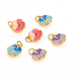 Brass Enamel Charms, Cadmium Free & Lead Free, Long-Lasting Plated, Flower, Real 18K Gold Plated, Mixed Color, 12x10.5x3.5mm, Hole: 3mm