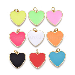 Brass Enamel Pendants, with Jump Rings, Cadmium Free & Lead Free, Long-Lasting Plated, Real 18K Gold Plated, Heart, Mixed Color, 17x17x2mm, Jump Rings: 5x1mm, Inner Diameter: 3mm