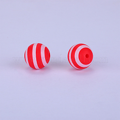 Printed Round with Stripe Pattern Silicone Focal Beads, Red, 15x15mm, Hole: 2mm