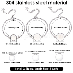 12個 3スタイル 304ステンレススチールアズキチェーンブレスレット作り  ロブスタープロングクラスプとフラットラウンドカボションセッティング  3スタイルの透明ガラスカボション12個付き。  ステンレス鋼色  トレイ：12~16mm  5-1/2~5-5/8インチ（14~14.4cm）  4個/スタイル&nbsp;STAS-SP0002-11