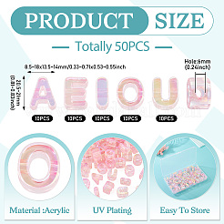 50 個 5 スタイル UV メッキレインボー虹色アクリルビーズ  イニシャルビーズ  アエイオウ  ピンク  20.5~21x8.5~18x13.5~14mm  穴：6mm  10個/スタイル&nbsp;OACR-TA0004-67E