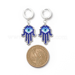 Glass Seed Braided Hamsa Hand with Evil Eye Dangle Hoop Earrings&nbsp;EJEW-MZ00008